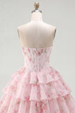 Yellow A Line Floral Corset Short Fringed Strapless Homecoming Dress with Ruffles
