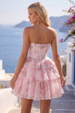 Yellow A Line Floral Corset Short Fringed Strapless Homecoming Dress with Ruffles