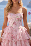 Yellow A Line Floral Corset Short Fringed Strapless Homecoming Dress with Ruffles