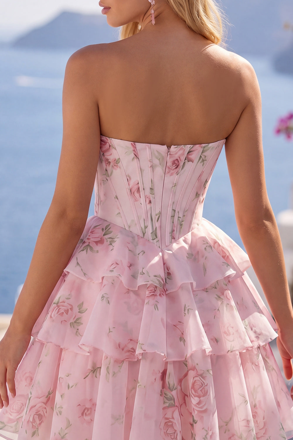 Yellow A Line Floral Corset Short Fringed Strapless Homecoming Dress with Ruffles