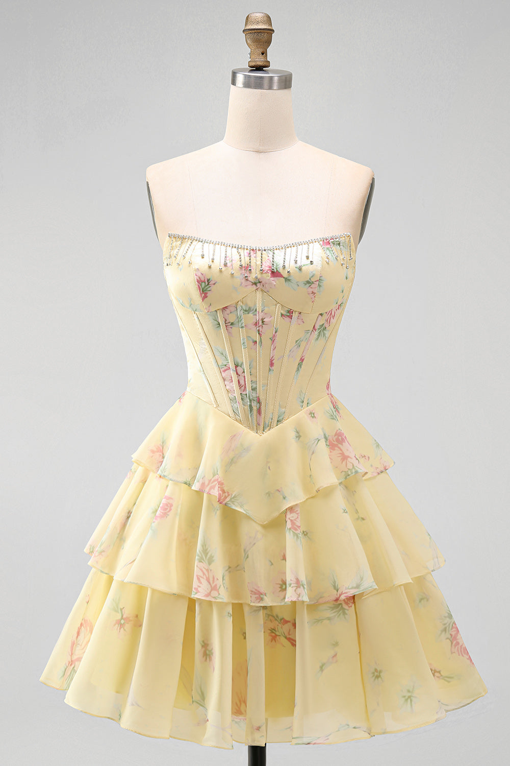 Yellow A Line Floral Corset Short Fringed Strapless Homecoming Dress with Ruffles