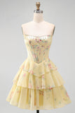 Yellow A Line Floral Corset Short Fringed Strapless Homecoming Dress with Ruffles