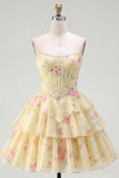 Yellow A Line Floral Corset Short Fringed Strapless Homecoming Dress with Ruffles