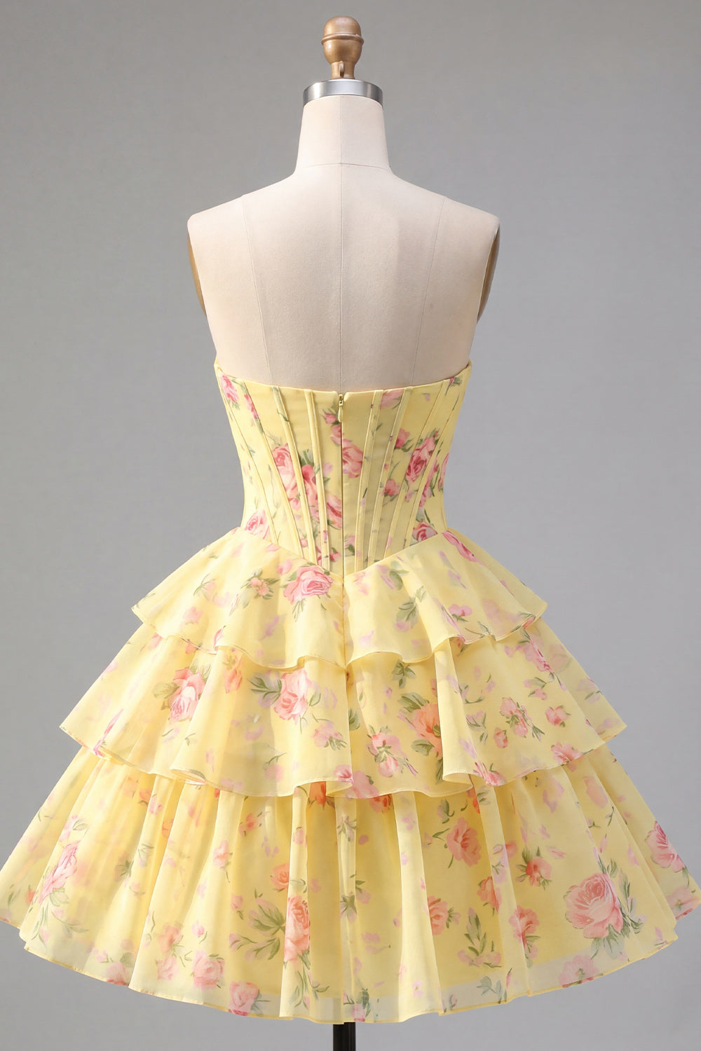 Yellow A Line Floral Corset Short Fringed Strapless Homecoming Dress with Ruffles