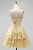 Yellow A Line Floral Corset Short Fringed Strapless Homecoming Dress with Ruffles