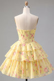Yellow A Line Floral Corset Short Fringed Strapless Homecoming Dress with Ruffles