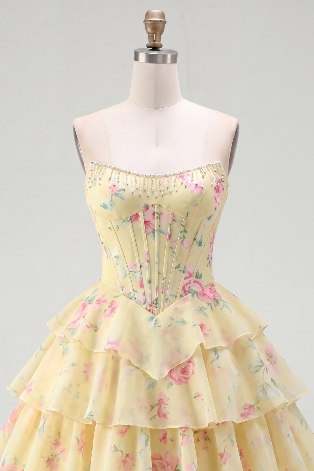 Yellow A Line Floral Corset Short Fringed Strapless Homecoming Dress with Ruffles