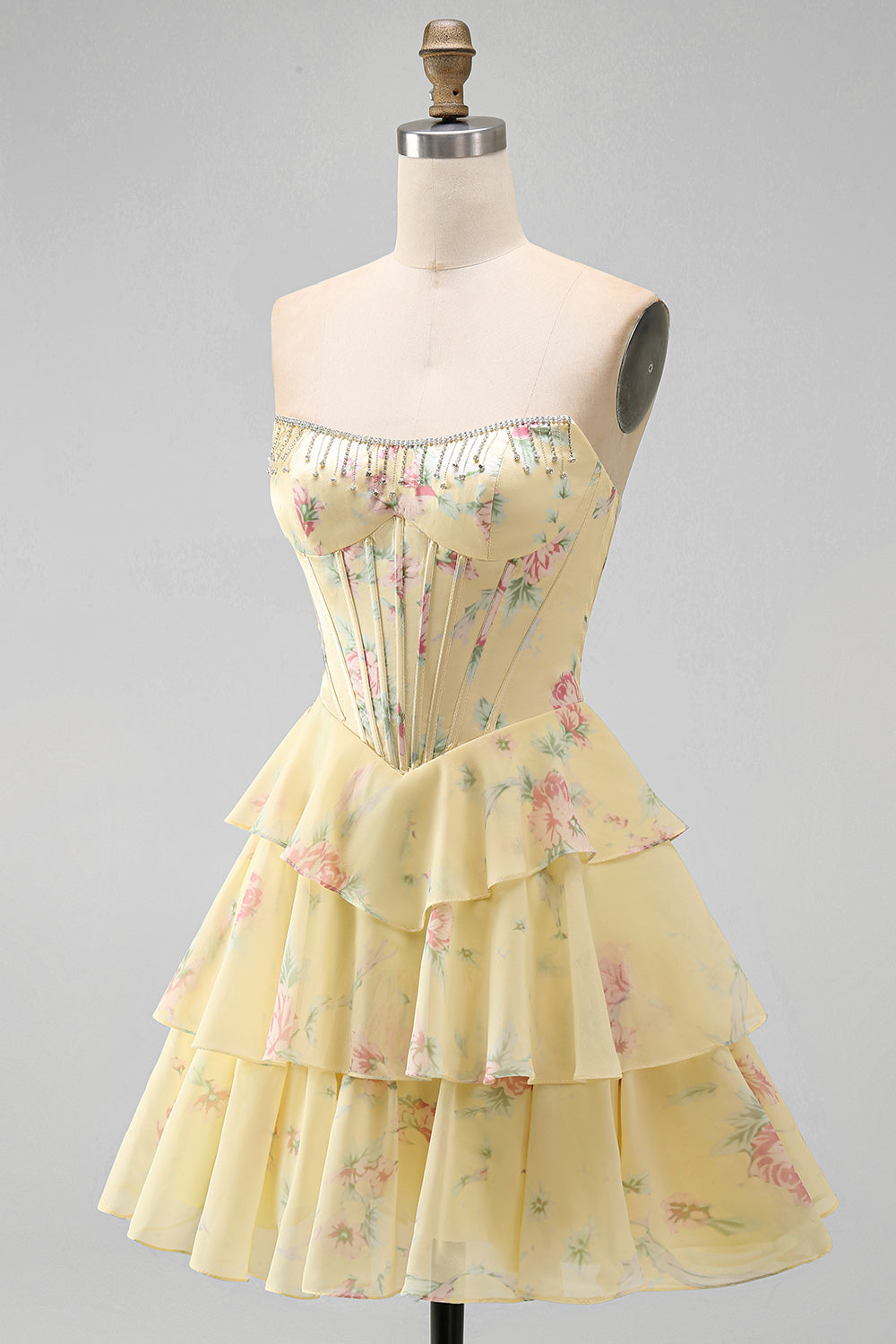 Yellow A Line Floral Corset Short Fringed Strapless Homecoming Dress with Ruffles