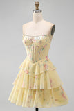Yellow A Line Floral Corset Short Fringed Strapless Homecoming Dress with Ruffles