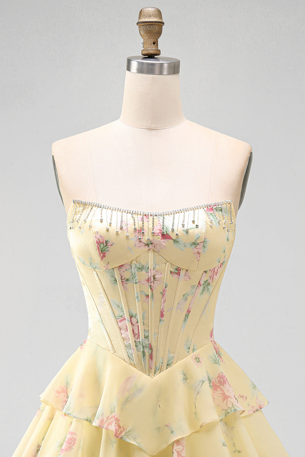 Yellow A Line Floral Corset Short Fringed Strapless Homecoming Dress with Ruffles