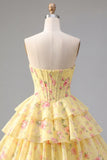 Yellow A Line Floral Corset Short Fringed Strapless Homecoming Dress with Ruffles