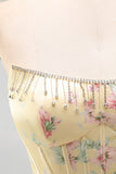 Yellow A Line Floral Corset Short Fringed Strapless Homecoming Dress with Ruffles