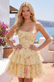 Yellow A Line Floral Corset Short Fringed Strapless Homecoming Dress with Ruffles