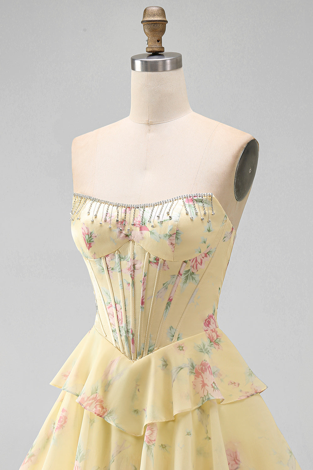 Yellow A Line Floral Corset Short Fringed Strapless Homecoming Dress with Ruffles