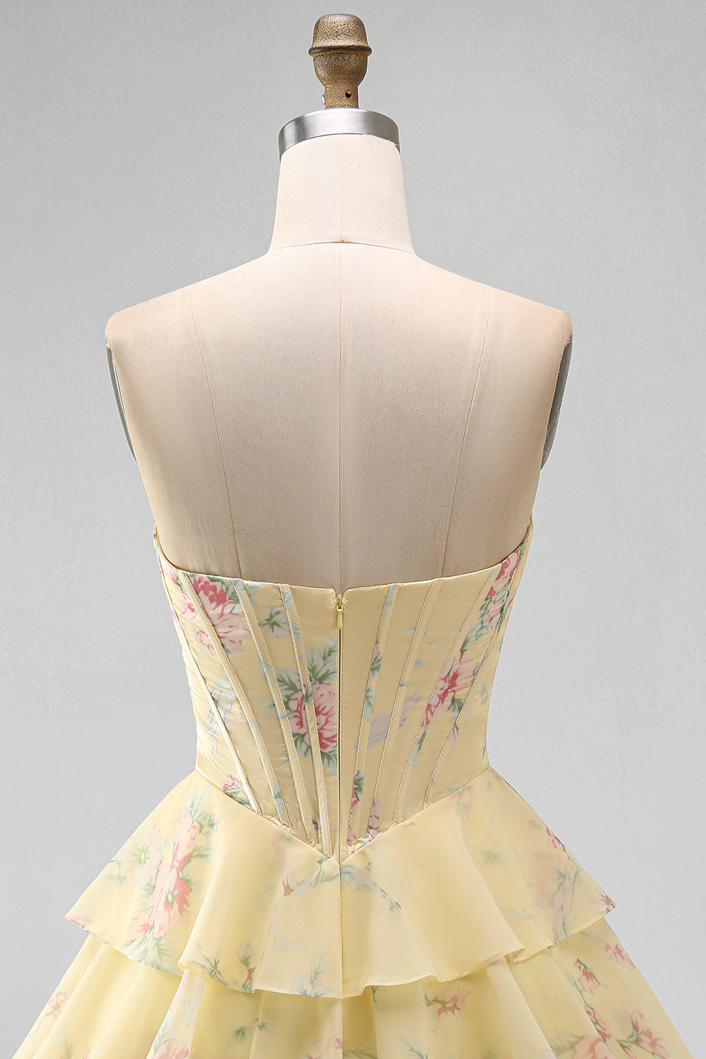 Yellow A Line Floral Corset Short Fringed Strapless Homecoming Dress with Ruffles