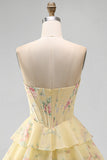 Yellow A Line Floral Corset Short Fringed Strapless Homecoming Dress with Ruffles