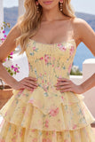 Yellow A Line Floral Corset Short Fringed Strapless Homecoming Dress with Ruffles