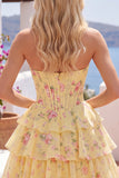 Yellow A Line Floral Corset Short Fringed Strapless Homecoming Dress with Ruffles