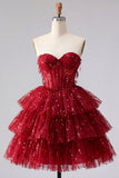 A Line Sparkly Burgundy Short Strapless Beaded Corset Homecoming Dress
