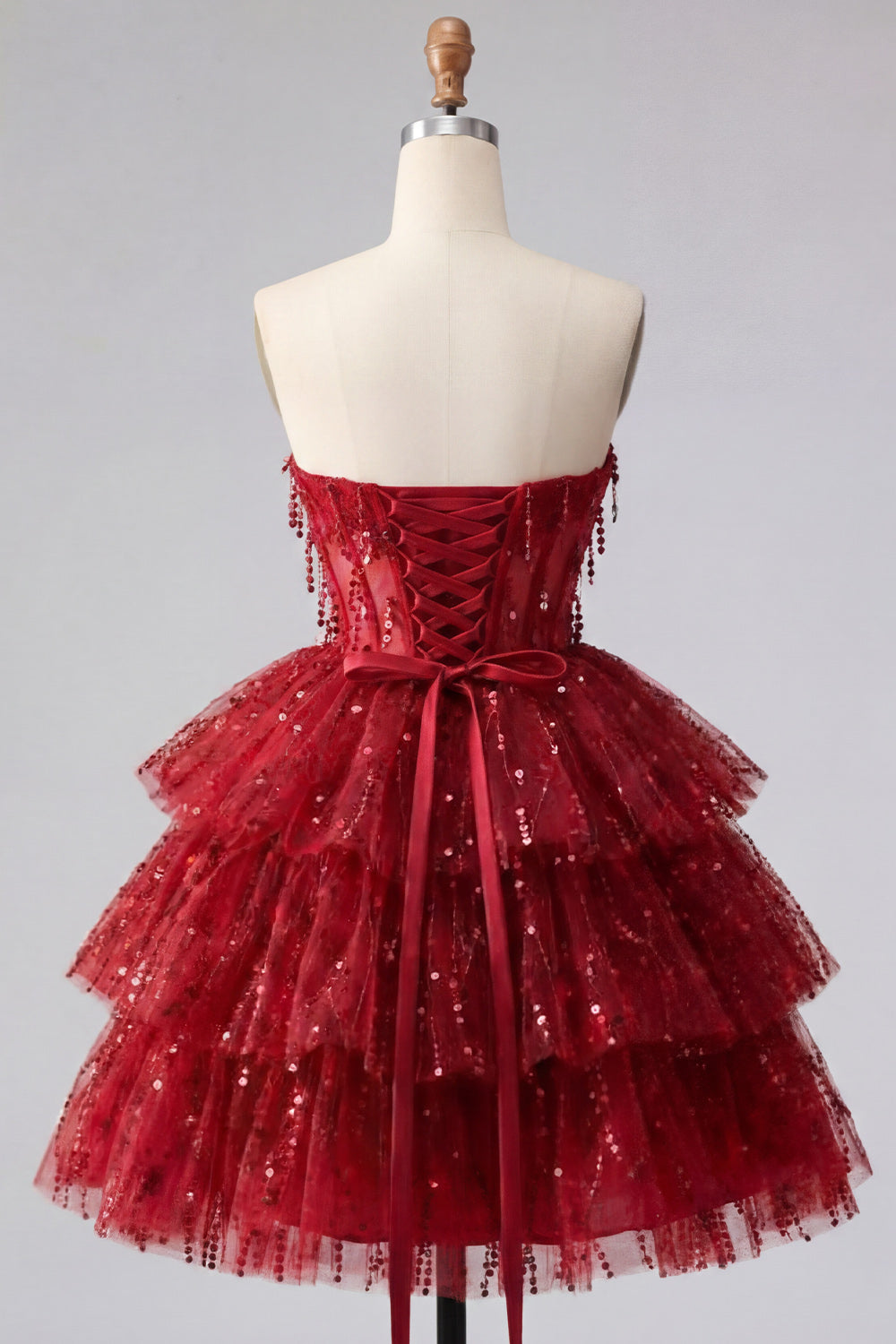 A Line Sparkly Burgundy Short Strapless Beaded Corset Homecoming Dress