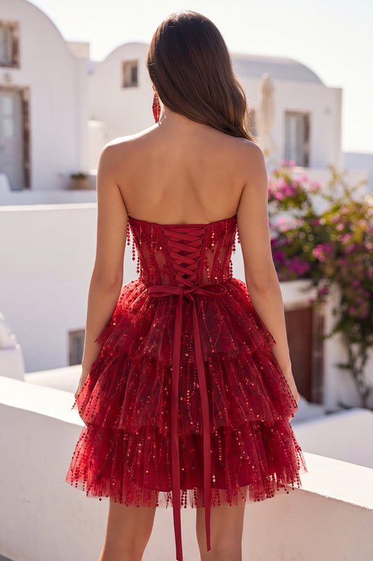 A Line Sparkly Burgundy Short Strapless Beaded Corset Homecoming Dress