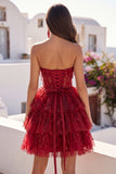 A Line Sparkly Burgundy Short Strapless Beaded Corset Homecoming Dress