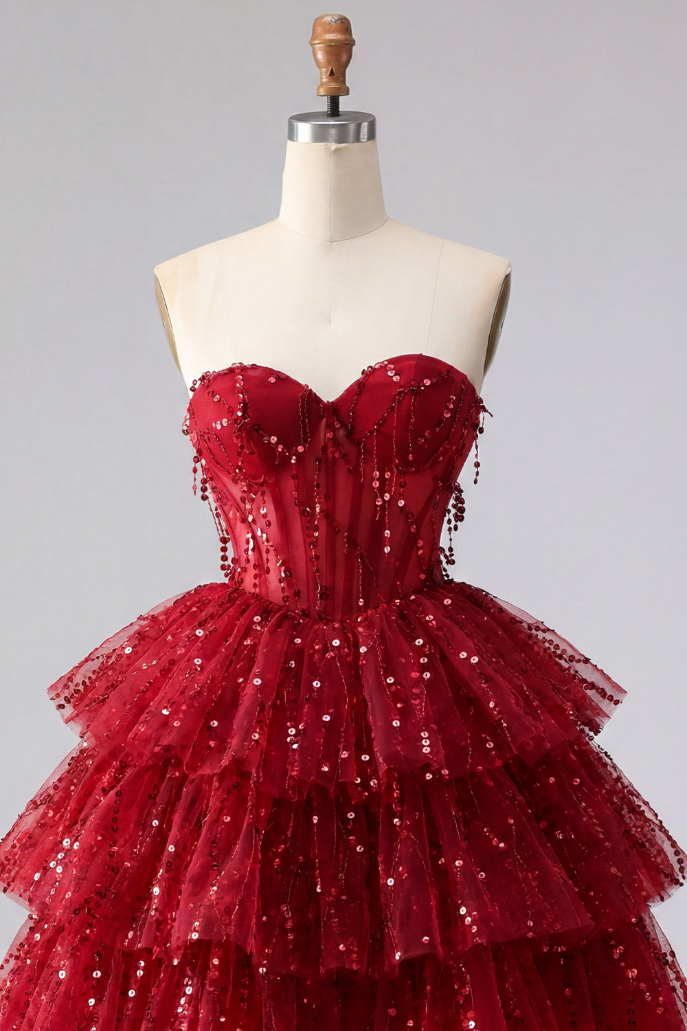A Line Sparkly Burgundy Short Strapless Beaded Corset Homecoming Dress
