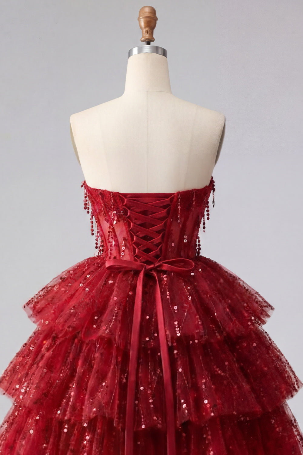 A Line Sparkly Burgundy Short Strapless Beaded Corset Homecoming Dress