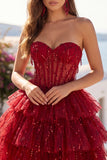 A Line Sparkly Burgundy Short Strapless Beaded Corset Homecoming Dress