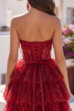 A Line Sparkly Burgundy Short Strapless Beaded Corset Homecoming Dress