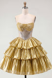 Sparkly Golden A Line Short Strapless Beaded Corset Metallic Homecoming Dress