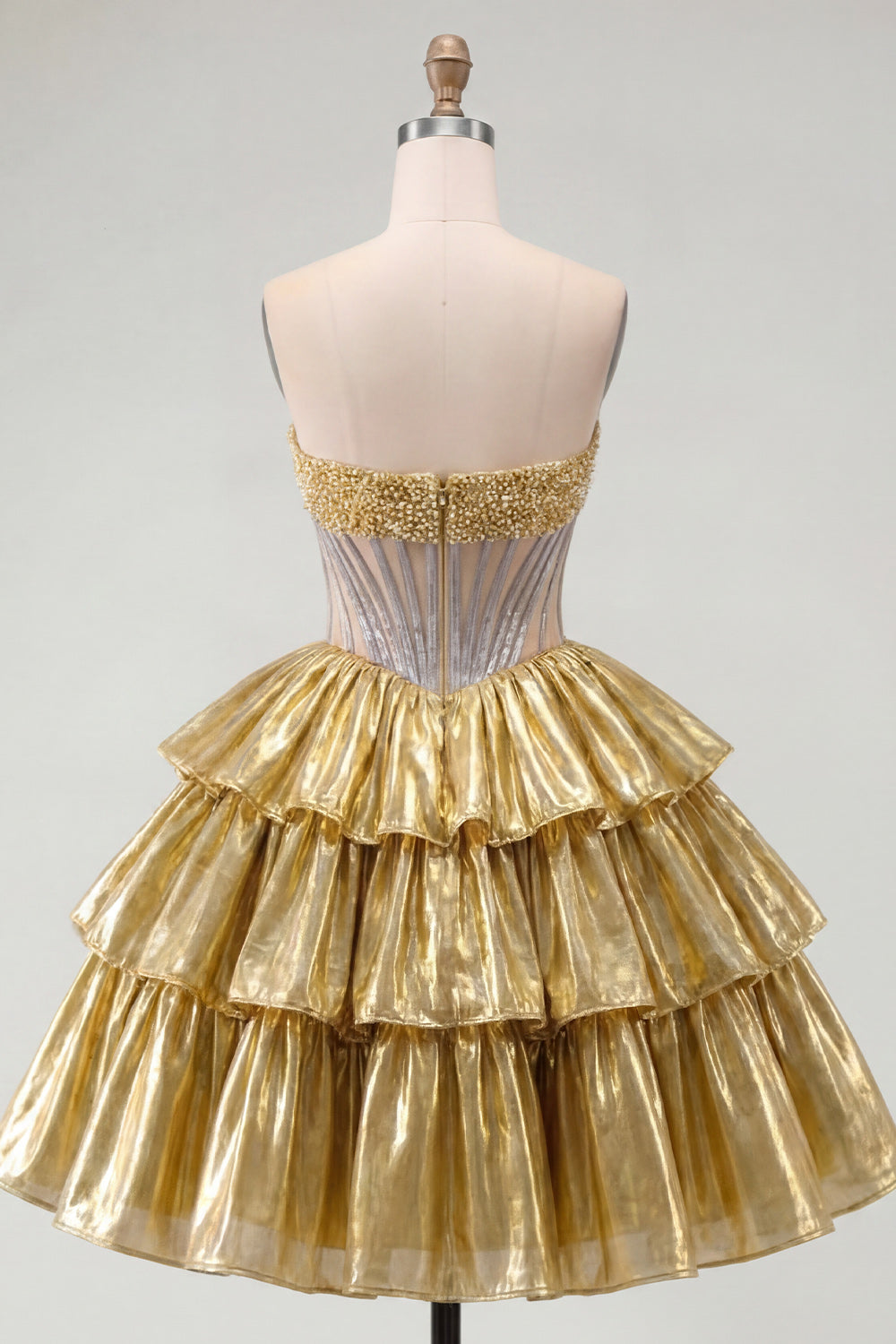 Sparkly Golden A Line Short Strapless Beaded Corset Metallic Homecoming Dress
