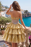 Sparkly Golden A Line Short Strapless Beaded Corset Metallic Homecoming Dress