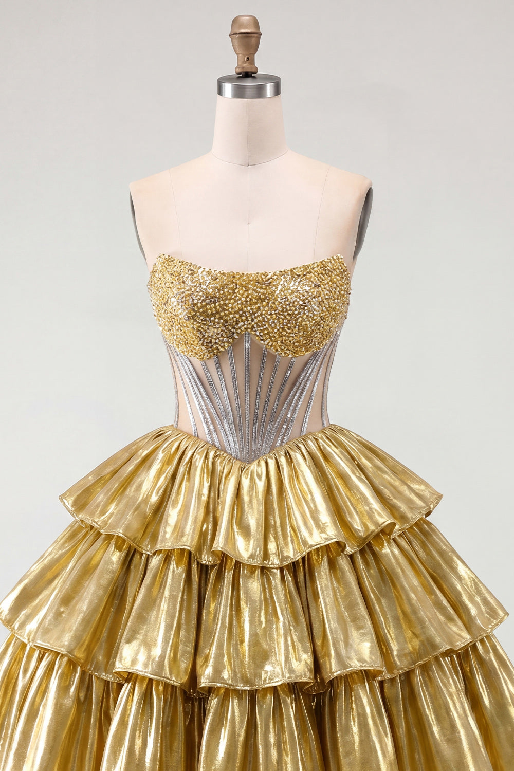 Sparkly Golden A Line Short Strapless Beaded Corset Metallic Homecoming Dress