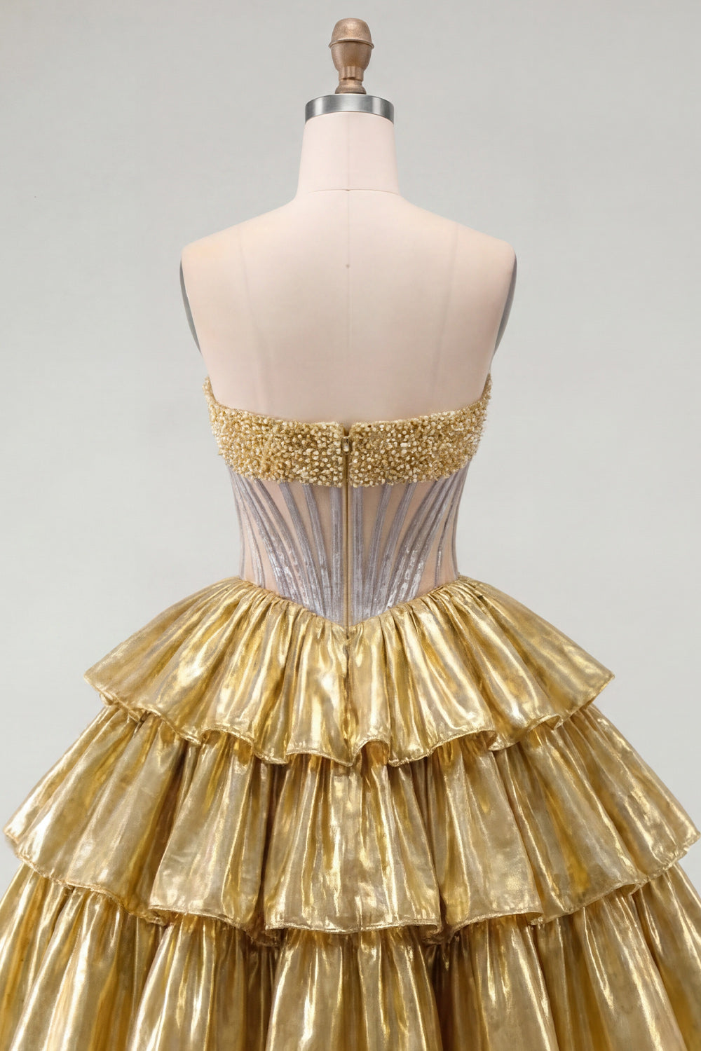 Sparkly Golden A Line Short Strapless Beaded Corset Metallic Homecoming Dress