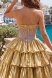 Sparkly Golden A Line Short Strapless Beaded Corset Metallic Homecoming Dress