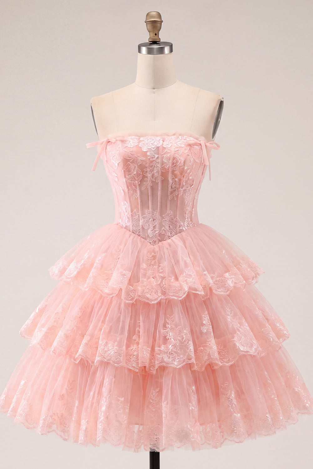A Line Pink Floral Corset Short Strapless Homecoming Dress with Ruffles