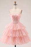 A Line Pink Floral Corset Short Strapless Homecoming Dress with Ruffles