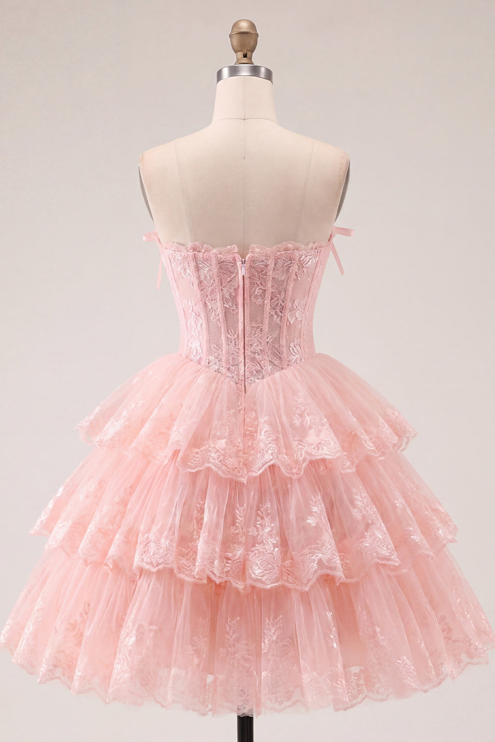 A Line Pink Floral Corset Short Strapless Homecoming Dress with Ruffles