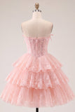 A Line Pink Floral Corset Short Strapless Homecoming Dress with Ruffles