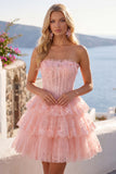 A Line Pink Floral Corset Short Strapless Homecoming Dress with Ruffles