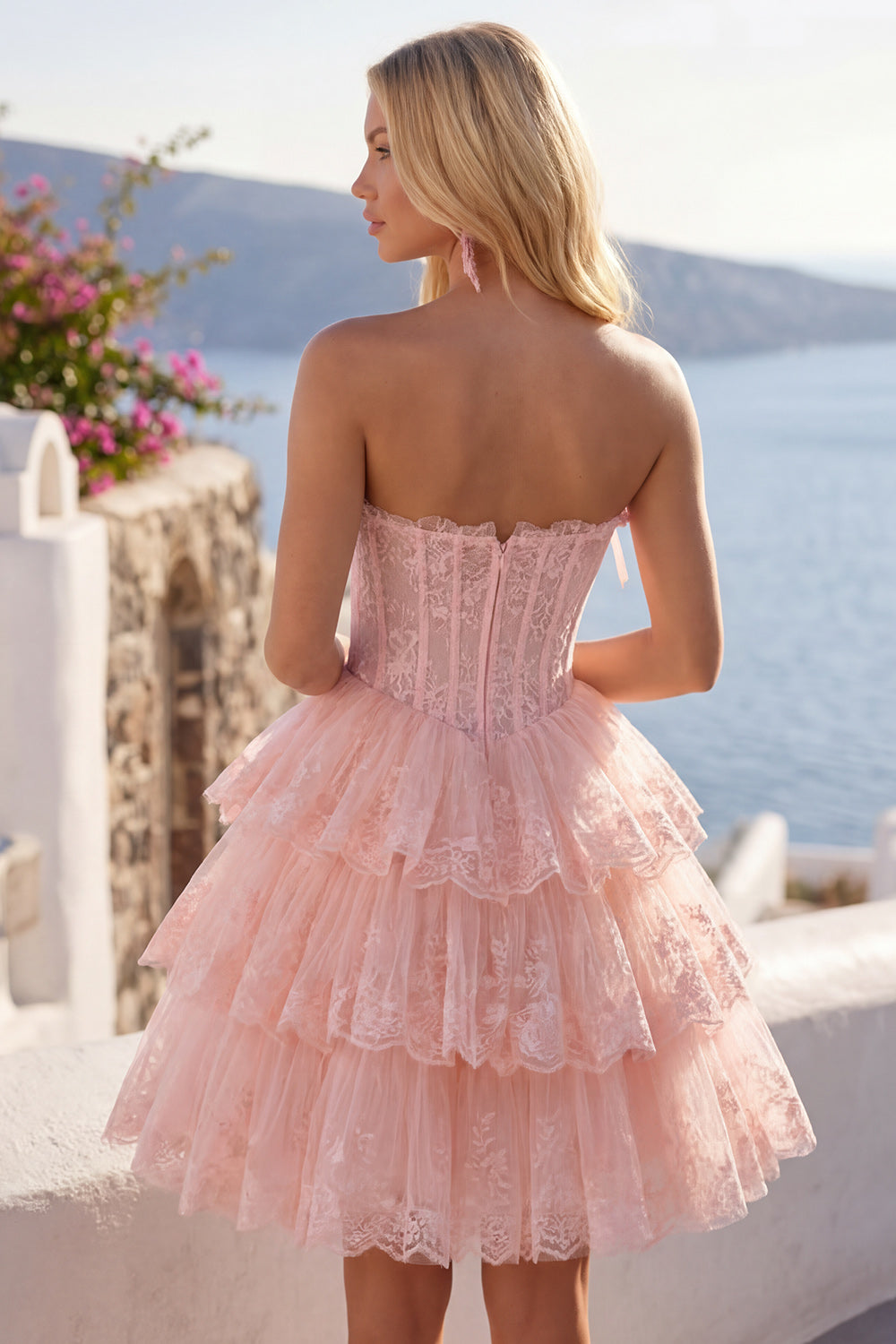 A Line Pink Floral Corset Short Strapless Homecoming Dress with Ruffles