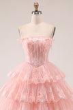 A Line Pink Floral Corset Short Strapless Homecoming Dress with Ruffles