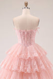 A Line Pink Floral Corset Short Strapless Homecoming Dress with Ruffles