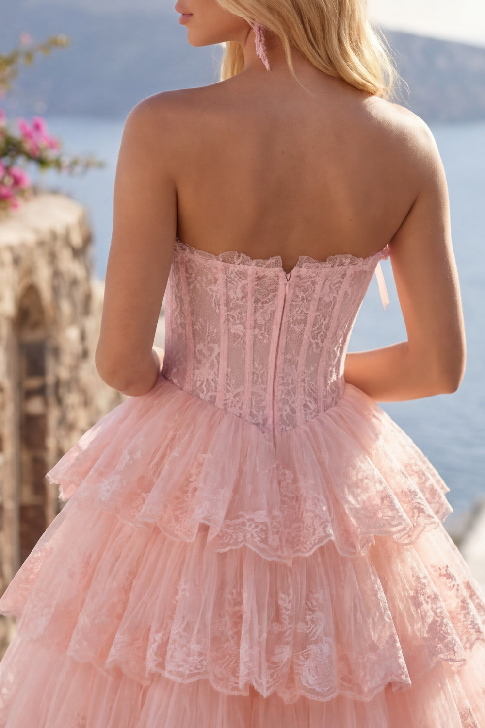 A Line Pink Floral Corset Short Strapless Homecoming Dress with Ruffles