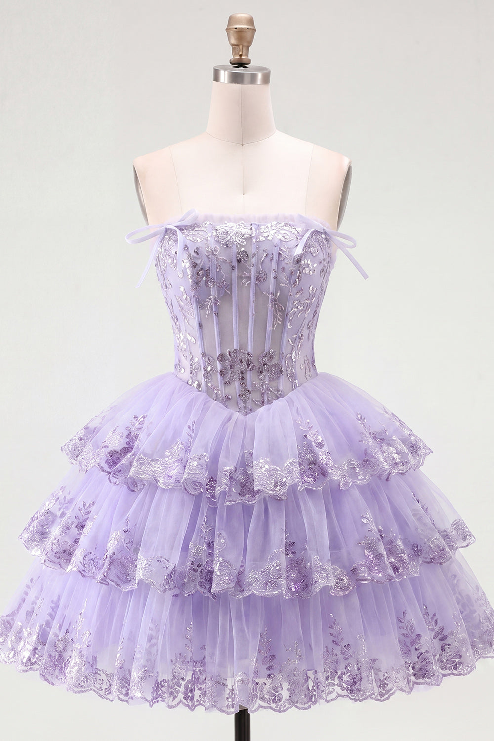 A Line Pink Floral Corset Short Strapless Homecoming Dress with Ruffles