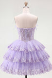 A Line Pink Floral Corset Short Strapless Homecoming Dress with Ruffles