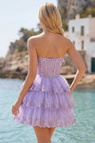 A Line Pink Floral Corset Short Strapless Homecoming Dress with Ruffles