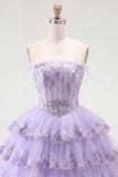A Line Pink Floral Corset Short Strapless Homecoming Dress with Ruffles
