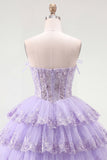 A Line Pink Floral Corset Short Strapless Homecoming Dress with Ruffles
